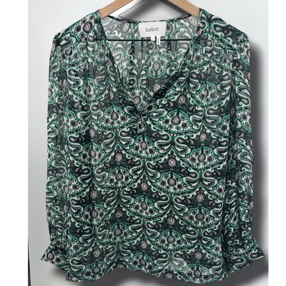 ba&sh Fel Printed Split Neck Blouse Womens Large Green Paisley Boho Chic